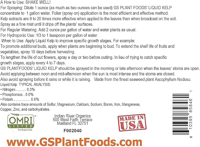 Organic Kelp Fertilizer by GS Plant Foods - Omri Certified (1 Quart) - Kelp Fertilizer for Gardens, Lawns & Soil