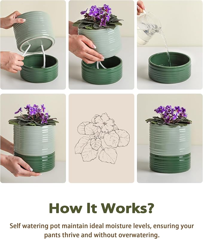 Self Watering Pots for Indoor Plants, 6 Inch Ceramic Self Watering Plant Pot, Planter Pot with Wick Rope and Drainage Hole for African Violet Succulent Herbs (Green Light)