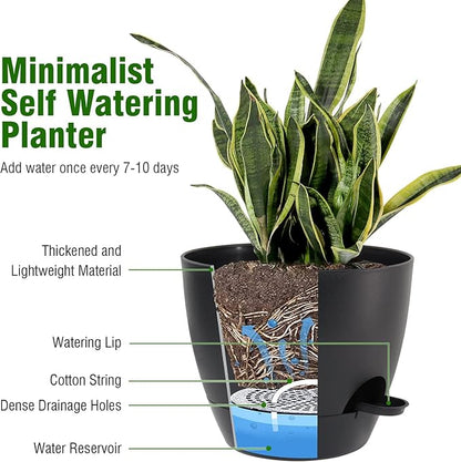 10/9/8 inch Self Watering Pots, Set of 3 Plastic Planters with Mesh Drainage Holes and Deep Reservoir for Indoor Outdoor Garden Plants and Flowers, Black