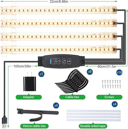 8.6 Inches LED Grow Light Strips, Grow Lights for Indoor Plants Full Spectrum 3500K, 104 LEDs Plant Light with 10 Dimmable Levels, 3/9/12H Timer for Seedling Succulent and Plant Shelf, 4 Head 1 Pack