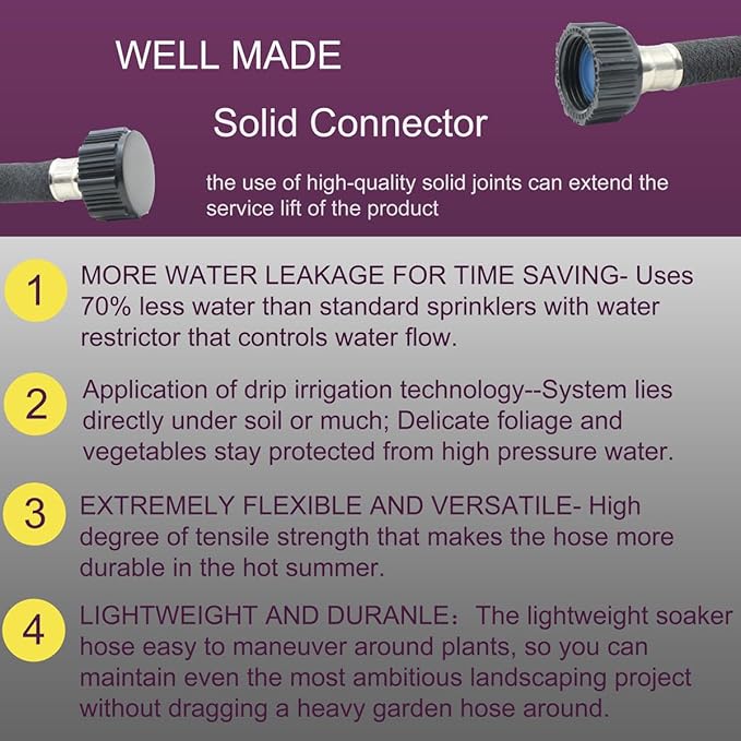 Soaker Hose -Garden Hose 100 FT with 1/2’’ Diameter Interface- Saves 70% water Great for gardens/flower beds/Seedling (100 FT)