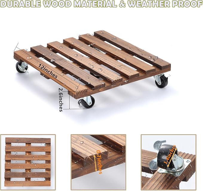 2 Pack Plant Stand with Wheels, 12" Rolling Plant Stand 264 LBS Heavy Duty Wooden Square Plant Caddy with Metal 360° Lockable Caster Wheels for Outdoor Indoor Large Plant Pots, Flower Pot, Patio