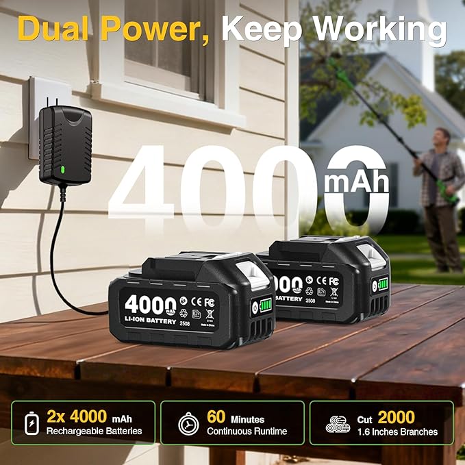 2-in-1 Electric Pruning Shears Cordless: 1.6" Cutting Diameter Brushless Pole Pruner - 2 x 4.0Ah Batteries, Extra SK5 Blade, 4 Cutting Modes Branches Cutter for Flower Tree Trimming