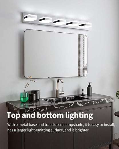 Bathroom Lighting Fixtures Over Mirror, 5 Light Bathroom Vanity Light Fixtures with Cool White 5000K, Silver LED Modern Vanity Wall Lights for Bath, Dressing Room, Restroom, 37.4 inch