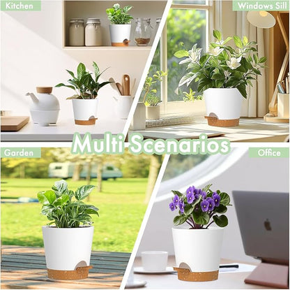7/6.5/6/5.5/5/4 inch Self Watering Pots for Indoor Outdoor Plants, 6 Pack Plastic Flower Planters with Drainage Holes and Removable Saucers, Plant Pots with Wicking Rope, White Brown