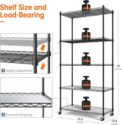 Bstrip Plant Shelf with Grow Lights, 5-Tier Plant Stand with T8 24W Grow Light for Indoor Plants with Wheel, 5000K Full Spectrum LED Plant Light with Timer for Seedling, Seed Starting, 29.5x13.8x59IN