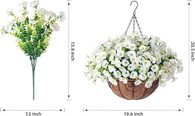 Artificial Fake Hanging Flowers Plants Baskets Spring Outdoor Decor, Outdoor Faux Silk White Morning Glory Eucalyptus in Planter UV Resistant Realistic for Outside Porch Patio Balcony Garden Yard Home