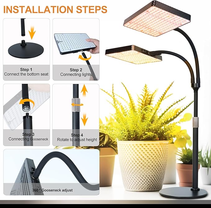 FECiDA 2-Head 50W Desk Grow Light, Tabletop Grow Lights for Indoor Plants Full Spectrum, 4/8/12/16/20 Hr Timer Bonsai Houseplants Grow Lamp, 16"-24" Height Adjustable