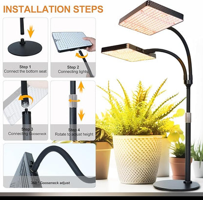 FECiDA 2-Head 50W Desk Grow Light, Tabletop Grow Lights for Indoor Plants Full Spectrum, 4/8/12/16/20 Hr Timer Bonsai Houseplants Grow Lamp, 16"-24" Height Adjustable