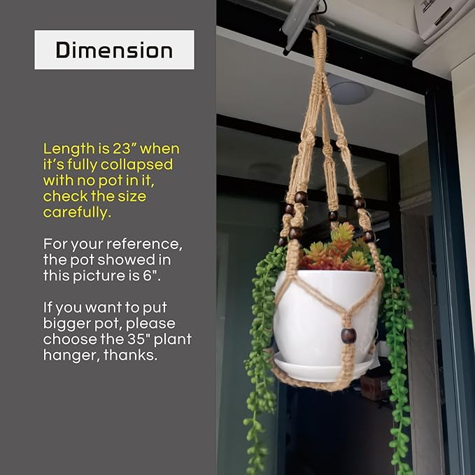 Macrame Plant Hanger Indoor, 23" No Tassel Hanging Plant Holder, Sturdy Flower Pot Holder with Hooks - Brown (Pot NOT Included)
