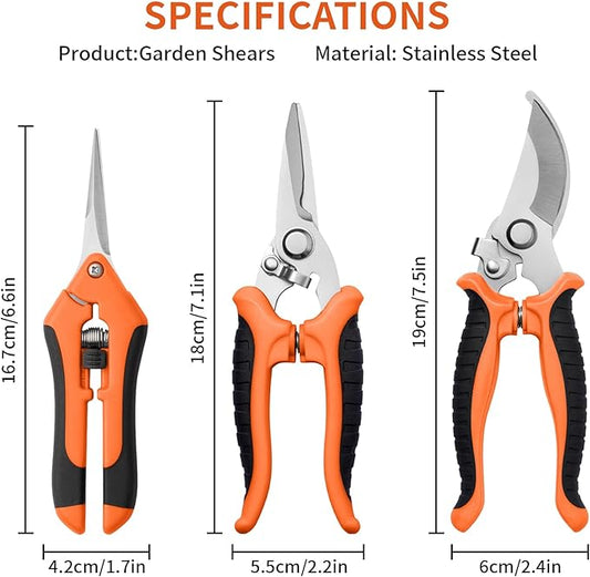 3 Pack Garden Pruning Shears, Stainless Steel Shears, Gardening Shears Scissors Pruning Shears for Gardening Tools (3PCS Orange and Black)