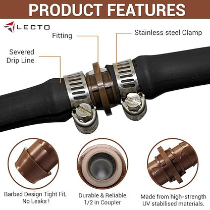 LECTO Universal 5/8", 1/2", .700" Drip Line Repair & Extension Kit – 6 Pack Plastic Couplers with 12 Stainless Steel Hose Clamps