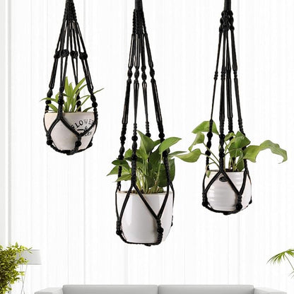 3-Pack Macrame Plant Hanger Indoor - Hanging Planter Basket for Indoor Outdoor - Decorative Boho Plant Holders Set with Beads - Ceiling Flower Pot Holder with 6 Hooks - 35"/30"/24" Black