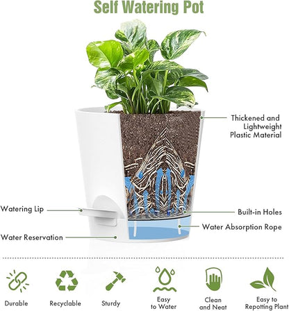 4 inch Self Watering Pots for Indoor Outdoor Plants, 6 Pack Plastic Flower Planters with Drainage Holes and Removable Saucers, Plant Pots with Wicking Rope, Modern Decor, White