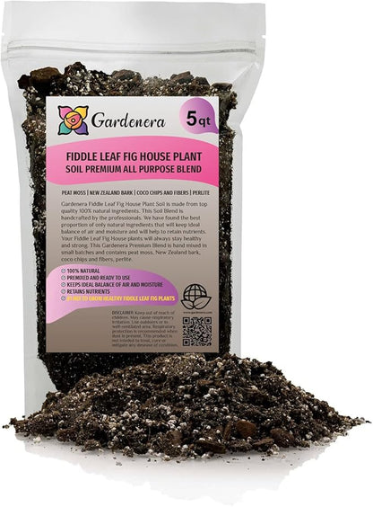 Gardenera Fiddle Leaf Fig House Plant Soil Premium All Purpose Blend - Peat Moss, New Zealand Bark, Coco Chips and Fibers, Perlite - 5 Quart Bag