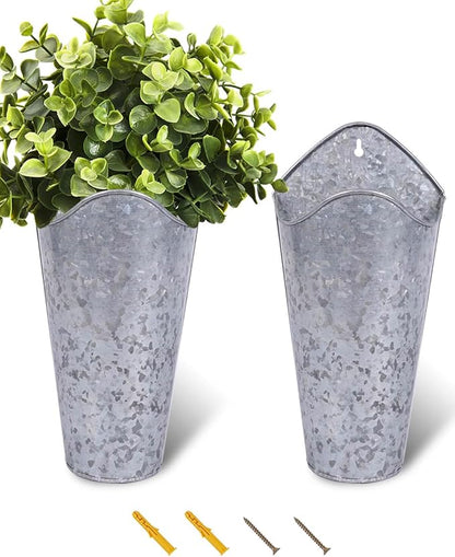 vensovo 12 Inches Galvanized Wall Planters - 2 Packs Metal Tin Vases for Flowers Indoors, Farmhouse Hanging Planter Tall Flower Holder for Country Decor Outdoors, Silver