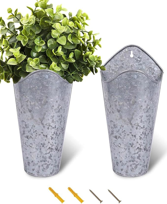 vensovo 12 Inches Galvanized Wall Planters - 2 Packs Metal Tin Vases for Flowers Indoors, Farmhouse Hanging Planter Tall Flower Holder for Country Decor Outdoors, Silver