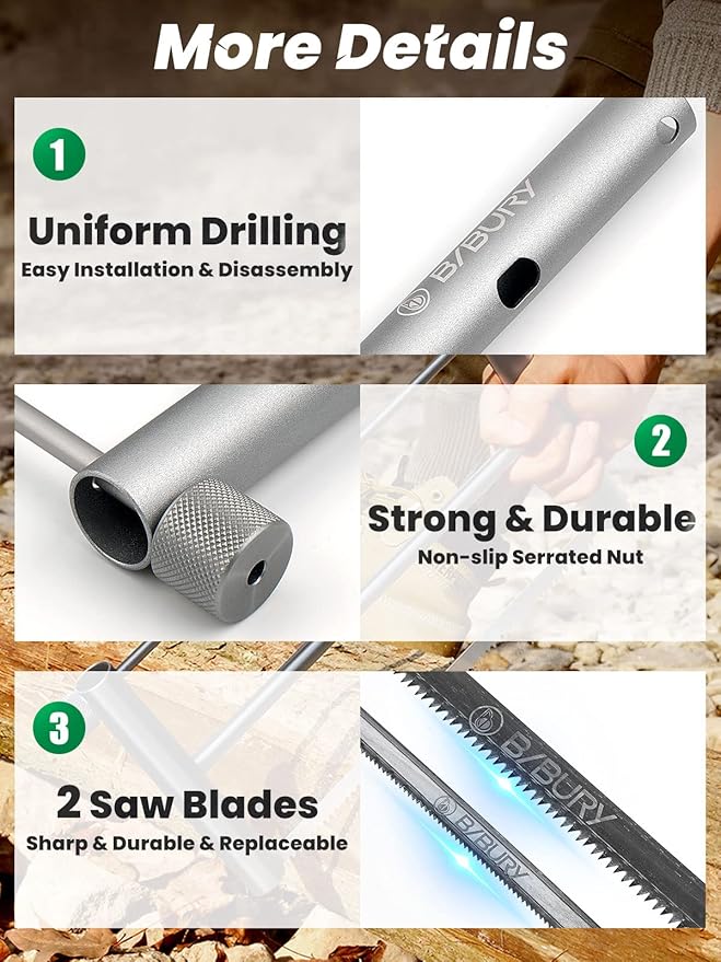 BIBURY Folding Hand Saw Outdoor Survival Tools, Portable Folding Wood Saw with 2pcs Replaceable 12.4” Blade & Buckle Cloth Bag, Aluminium Alloy Camping Pruning Tree Hand Saw for Gardening