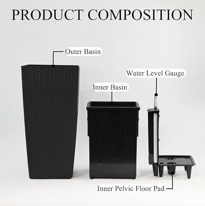 30in Tall Planter, Self Watering Pots for Indoor/Outdoor Plants with Drain Holes, Water Level Monitor, Inner Bucket for Front Porch Patio, Black Large(1 Set)