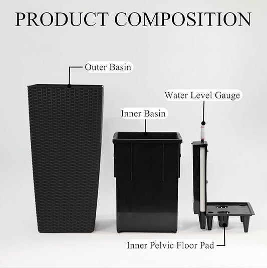 30in Tall Planter, Self Watering Pots for Indoor/Outdoor Plants with Drain Holes, Water Level Monitor, Inner Bucket for Front Porch Patio, Black Large(1 Set)