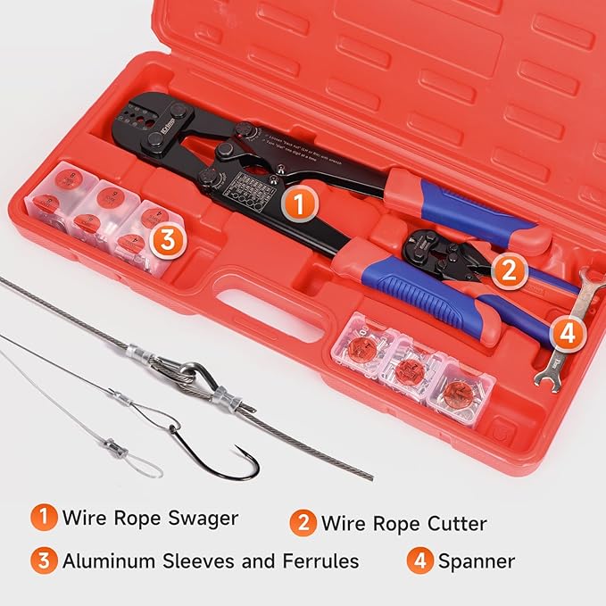 iCrimp Wire Rope Crimping Tool Kit with Wire Rope Cutter and 375pcs Sleeve Kit, Fishing Crimping Tool IWS-1608M & CWR-35, Set in Box