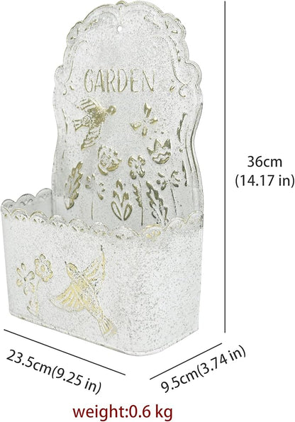 BIG FORTUNE Metal Wall Mount Planter Wall Vases for Flowers Shabby Chic Decor for Rustic Farmhouse Outdoor Decor (White)