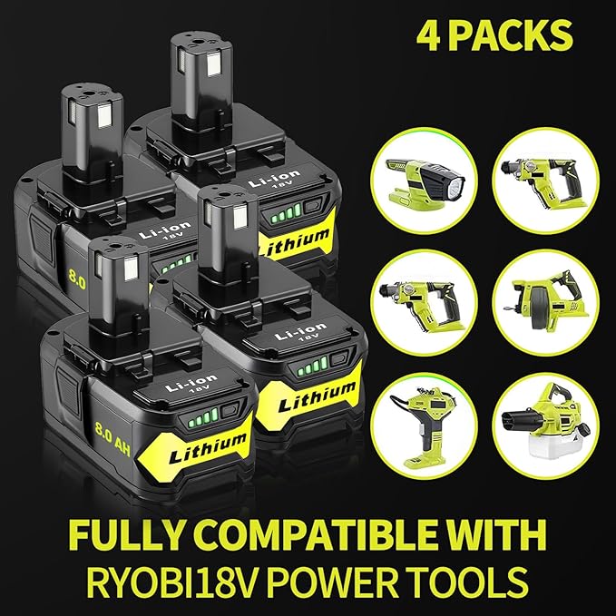 4 Pack 8.0Ah High Capacity Replacement for Ryobi 18v Battery P108 P104 P105 P102 P103 P122 P109 Li-ION Compatible with Ryobi 18V ONE+ System Cordless Power Tools and Charger