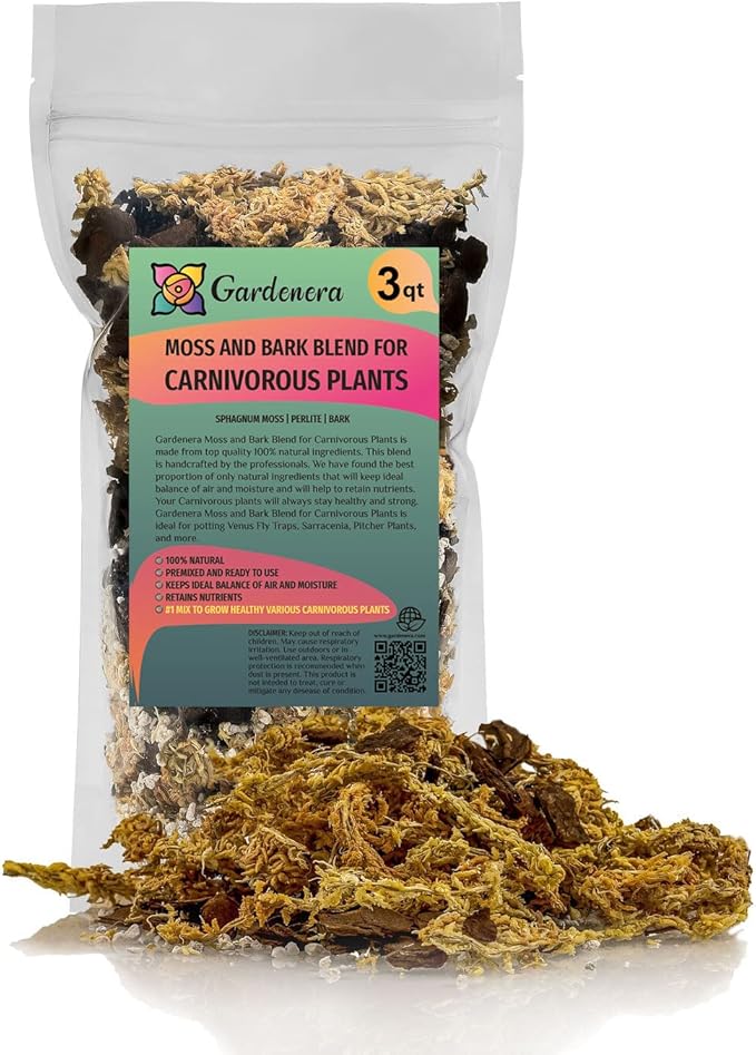 Premium Sphagnum Moss, Perlite and New Zealand Pine Bark Blend for Carnivorous Plants - Perfect for Venus Fly Traps, Pitcher Plants, Sarracenia, Butterworts, and Sundews by GARDENERA - 3 Quart Bag