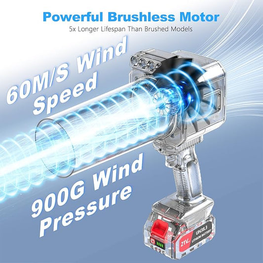 DEGGE Brushless Leaf Blower Cordless, Handheld Leaf Blowers with LED Work Light, Two Interchangeable Nozzles, Turbo Jet Blower for Lawn Care, Patio Cleaning, Garage Dust & Outdoor Use