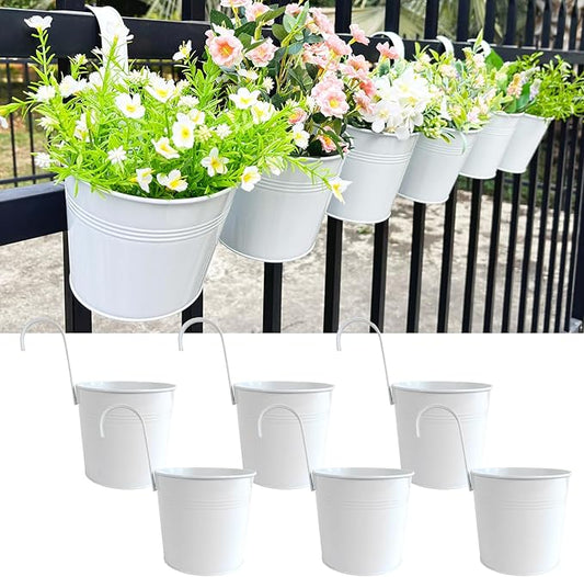 6 Pack Hanging Flower Pots, 6" White Metal Balcony Planters for Herb Succulent, Samll Railing Fence Hanging Bucket for Outdoor/Indoor Decoration (White, Pack of 6)