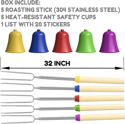 S'mores Stick Kit – 32 Inch Marshmallow Roasting Sticks with Colorful Hand Guards – 5-Pack Telescoping Campfire Skewers for Kids – Heat-Resistant Safe Set for Fire Pit, BBQ, Camping – Fun Gift Idea