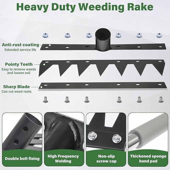 Weeding Rake Tool, Garden Weed Puller with Detachable Long Handle, 62 Inch Heavy Duty Hand Weed Remover Tool for Lawn, Yard, Atio and Backyard (7 Tines)