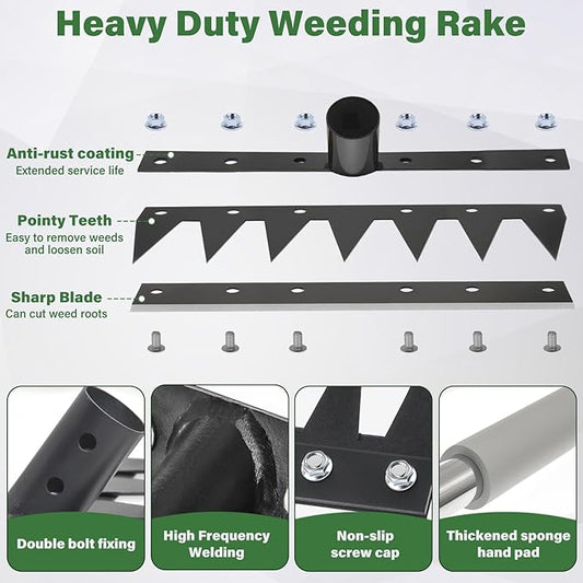 Weeding Rake Tool, Garden Weed Puller with Detachable Long Handle, 62 Inch Heavy Duty Hand Weed Remover Tool for Lawn, Yard, Atio and Backyard (7 Tines)