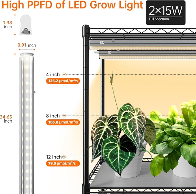 Bstrip Plant Shelf with Grow Light with Timer, Tall Plant Stand with Adjustable Rack and Wheels, 6 Pack T5 3FT Full Spectrum Grow Lights for Indoor Plants, Seed Starting, Seed Tray, 35.4"x13.8"x70.8"