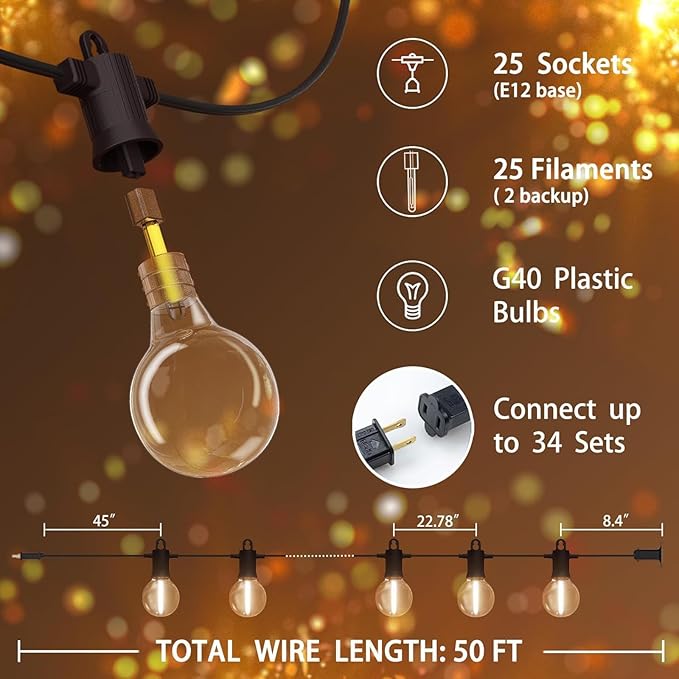 Outdoor String Lights 50ft,Led Patio Globe Lights with 27pcs Plastic Bulbs,Waterproof,Shatterproof,G40 Outdoor String Lights,34 Connectable Hanging for Backyard, Bistro, Porch, Deck, Balcony,Tent