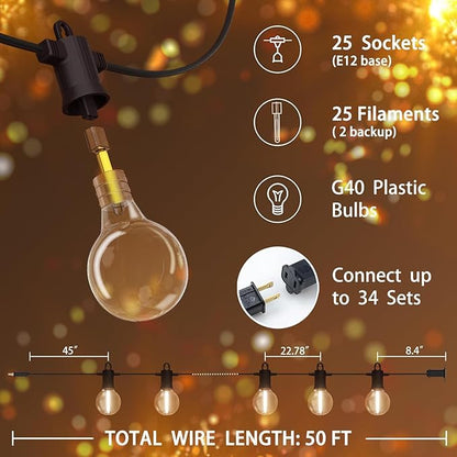 Outdoor String Lights 50ft,Led Patio Globe Lights with 27pcs Plastic Bulbs,Waterproof,Shatterproof,G40 Outdoor String Lights,34 Connectable Hanging for Backyard, Bistro, Porch, Deck, Balcony,Tent