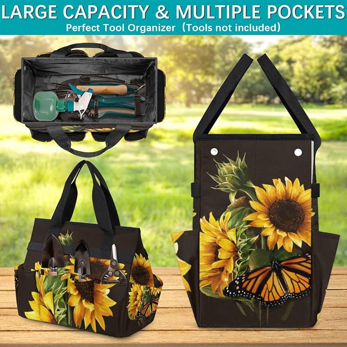 Butterfly Sunflower Funny Garden Tool Bag Waterproof Gardening Tool Storage Bag with Handle & 10 Pockets Gardening Tote Bag for Women Garden Tool Organizer