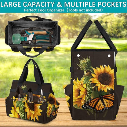 Butterfly Sunflower Funny Garden Tool Bag Waterproof Gardening Tool Storage Bag with Handle & 10 Pockets Gardening Tote Bag for Women Garden Tool Organizer