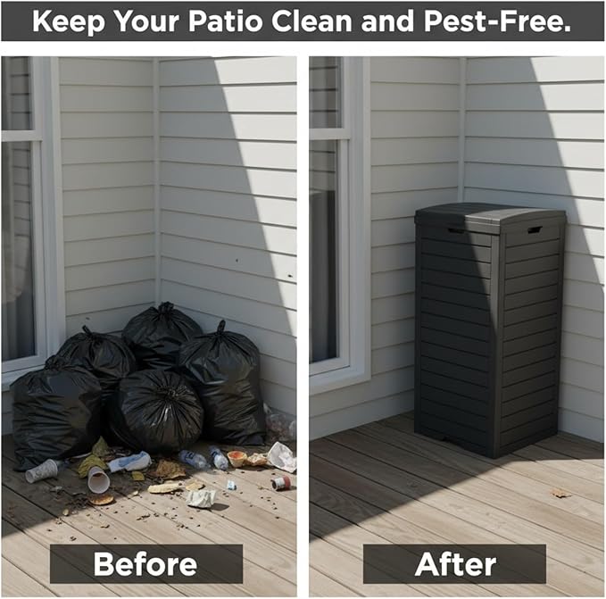 31 Gallon Resin Trash Can Cabinet with Lid & Drip Tray - Waterproof Outdoor Garbage Bin for Patio, Kitchen, Yard, and Entertaining Areas - Easy Assembly, No Tools Required