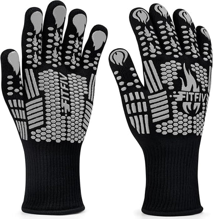 BBQ Gloves, Oven Gloves, Extreme Heat Resistant Barbecue Gloves, Silicone Non-Slip Oven Mitts, Kitchen Gloves for Cooking, Grilling, and Baking (Gray)