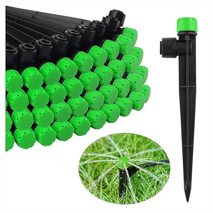 100PCS Drip Irrigation Emitters, Kalolary Adjustable 360 Degree Water Flow Drippers Emitters for 1/4" Drip Irrigation System Tubing, Irrigation Drippers for House Garden Flower beds(Medium Green)