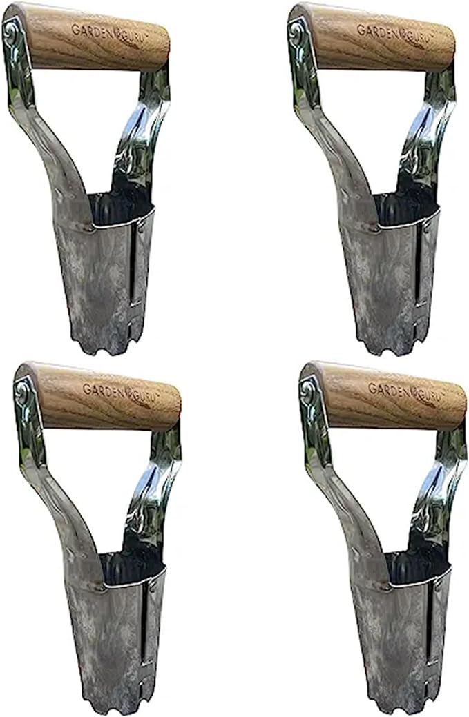 Garden Guru Eco Bulb Planter - 100% Recycled Stainless Steel - Rust Resistant - FSC Certified Wood Ergonomic Handle - Depth Marker for Consistent Planting Flowers Tulips, Daffodils, Dahlias(4Pack)