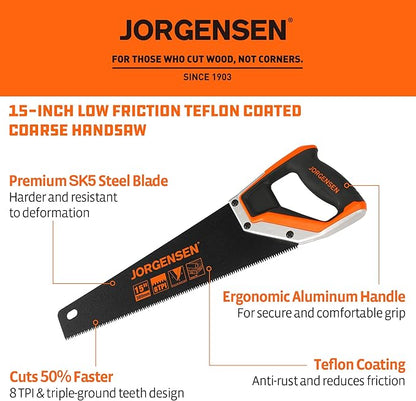 JORGENSEN 15” Hand Saw, Black Coated Coarse Handsaw 8TPI for Wood Cutting, Ergonomic Non-Slip Aluminum Handle for Sawing, Trimming, Gardening, Pruning, PVC