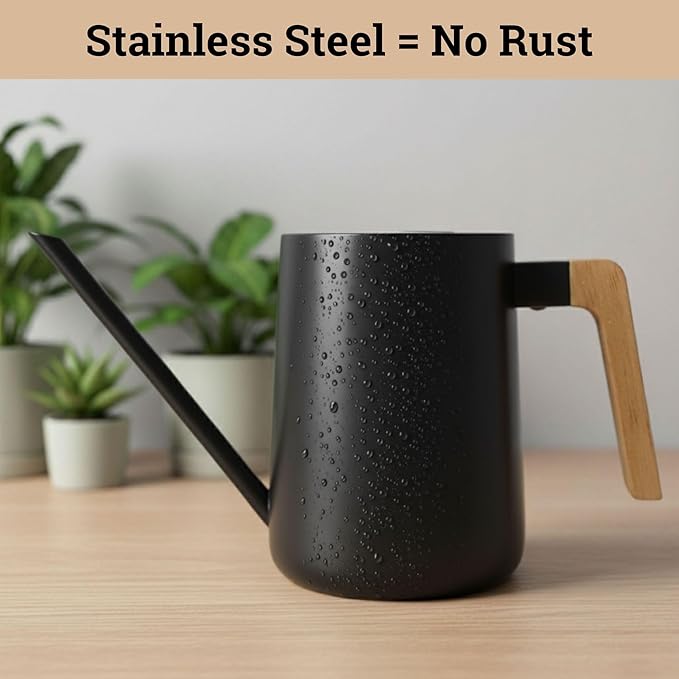 35 Ounce Metal Small Indoor Watering Can with Long Spout & Real Wood Handle for House Plants, Succulents, Cacti & Seedlings - Black Long Spout Watering Can Indoor Plants - Gentle Flow & No Spills