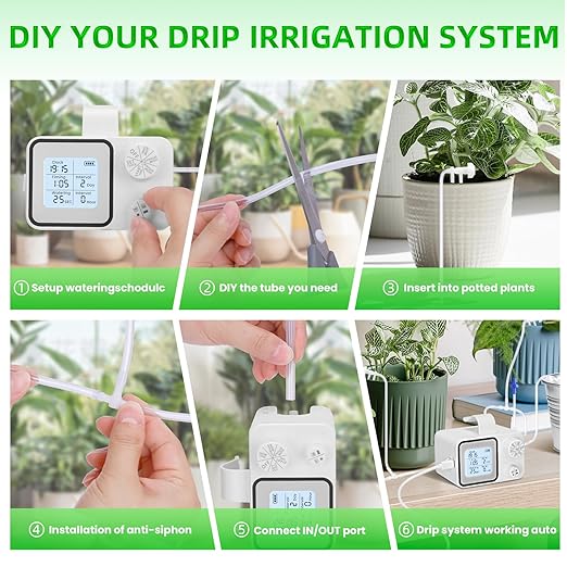 Automatic Plant Watering Devices with Programmable Water Timer and LED Display,Automatic Drip Irrigation Kit System for 15 Potted Plants Outdoor Indoor Garden Balcony Vacation