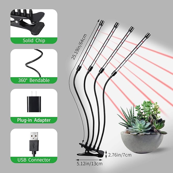 Grow Lights for Indoor Plants,168 LEDs Clip Plant Lights, Full Spectrum LED Plant Growing Lamps with Flexible Gooseneck, 3/9/12H Timer, 3 Spectral Modes, 10 Dimmable Levels, 4 Head