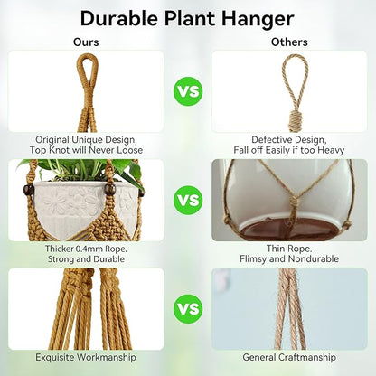 USLAI Macrame Plant Hanger for Indoor Outdoor, Up to 3-6.5 inch Pot, Hanging Planter Flower Pot Holder with Beads and Tassels, Boho Home Decor, 2-Pack, Brown