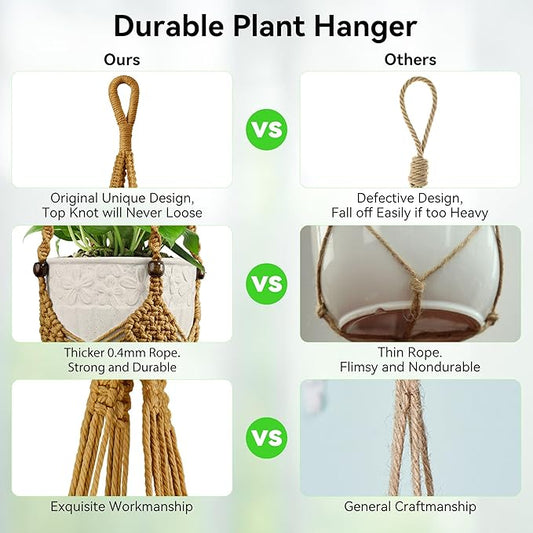 USLAI Macrame Plant Hanger for Indoor Outdoor, Up to 3-6.5 inch Pot, Hanging Planter Flower Pot Holder with Beads and Tassels, Boho Home Decor, 2-Pack, Brown