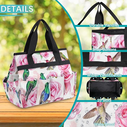 Hummingbird Flower Rose Garden Tool Bag Waterproof Gardening Tool Storage Bag with Handle & 10 Pockets Gardening Tote Bag for Women Garden Tool Organizer