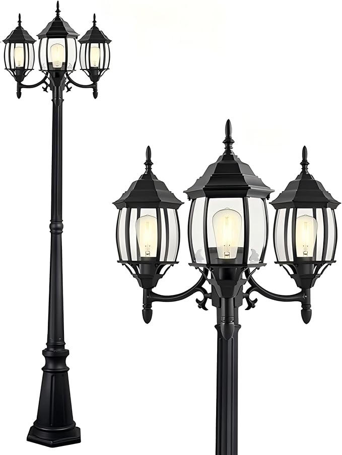 85 Inch 3-Head Lamp Posts Outdoor Lighting for Backyard Garden 3-Light Outdoor Post Lantern 85” Aluminium Alloy Outside Street Light with Clear Glass Shade,Driveway Light,E26(Bulbs Not Included)